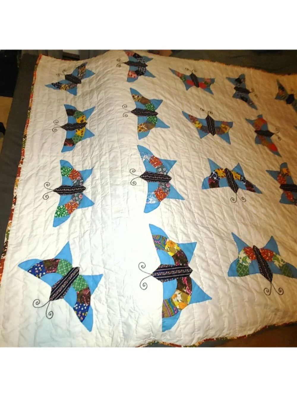 1970s Butterfly Quilt Vintage Handmade Multi Color Patchwork Appliqué 80 by 64